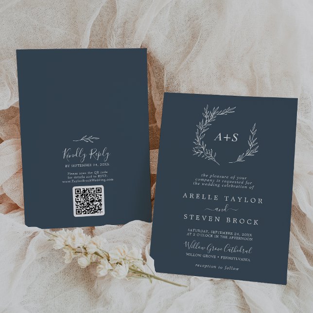 Invitación Hoja mínima | Boda de código QR del monograma azul (Subido por el creador)
