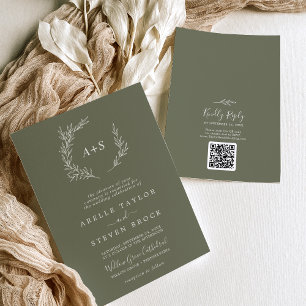 Invitación Hoja mínima   Boda de código QR del monograma verd