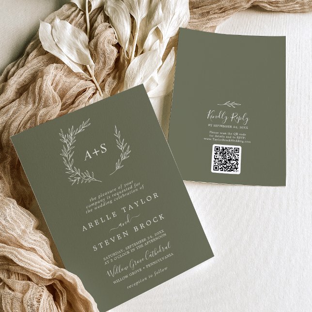 Invitación Hoja mínima | Boda de código QR del monograma verd (Subido por el creador)