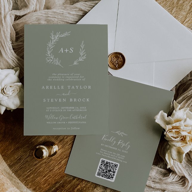 Invitación Hoja mínima | Boda de código QR del monograma verd (Subido por el creador)