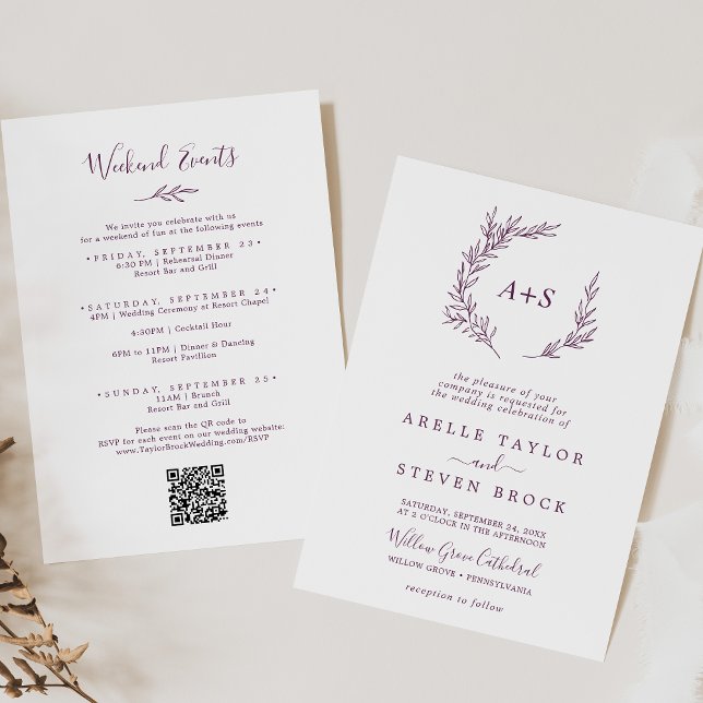 Invitación Hoja mínima | Boda de eventos Eggplant Weekend (Subido por el creador)