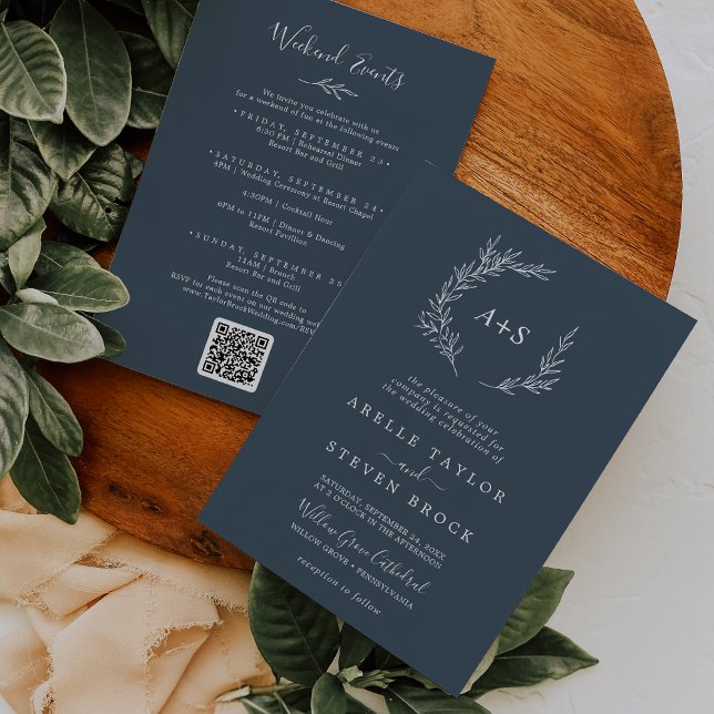 Invitación Hoja mínima | Boda de eventos Slate Blue Weekend (Subido por el creador)