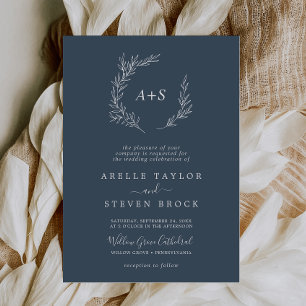 Invitación Hoja mínima Boda de monograma formal azul pizarr