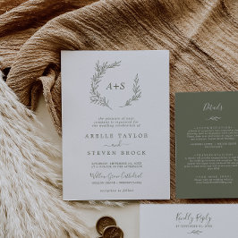 Invitación Hoja mínima | Boda de monograma formal verde oliva