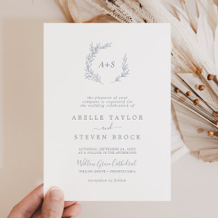 Invitación Hoja mínima Boda de monograma pequeño azul turbi