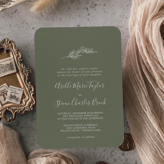 Invitación Hoja mínima | Boda tradicional verde oscuro (Subido por el creador)