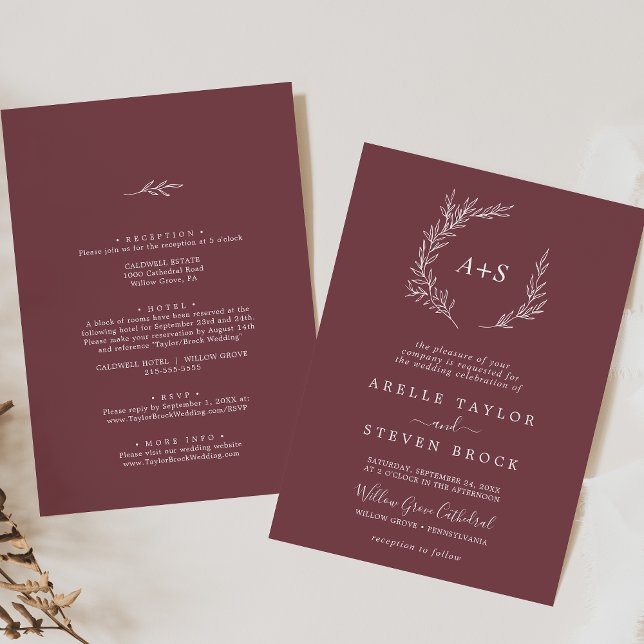 Invitación Hoja mínima | Borgoña Todo En Un Boda (Subido por el creador)