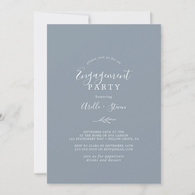 Invitación Hoja mínima | Dusty Blue Engagement Party (Anverso)
