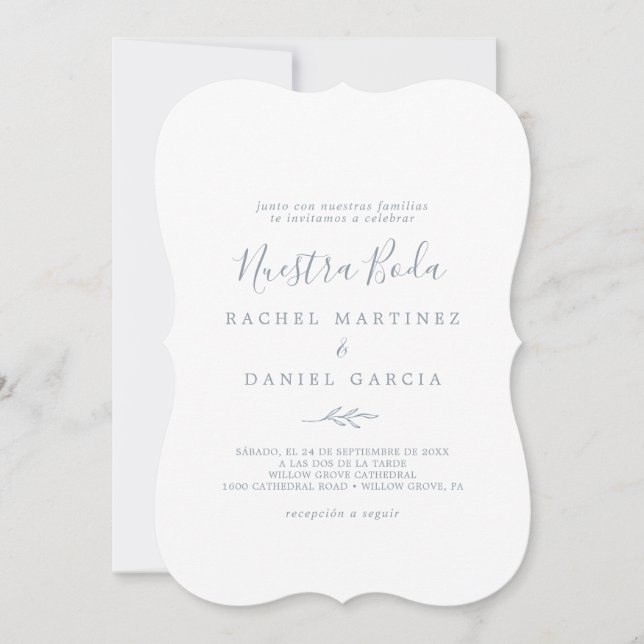 Invitación Hoja mínima | Dusty Blue Spanish Nuestra Boda (Anverso)