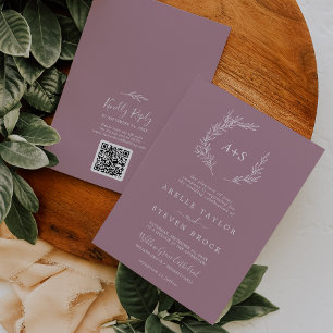 Invitación Hoja mínima Mauve Monograma QR Boda de código