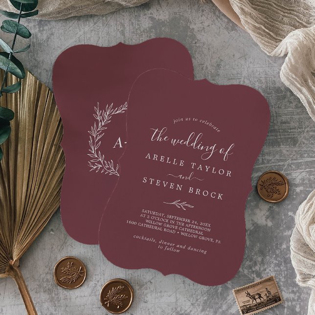 Invitación Hoja mínima | Monograma de Borgoña Boda de espalda (Subido por el creador)
