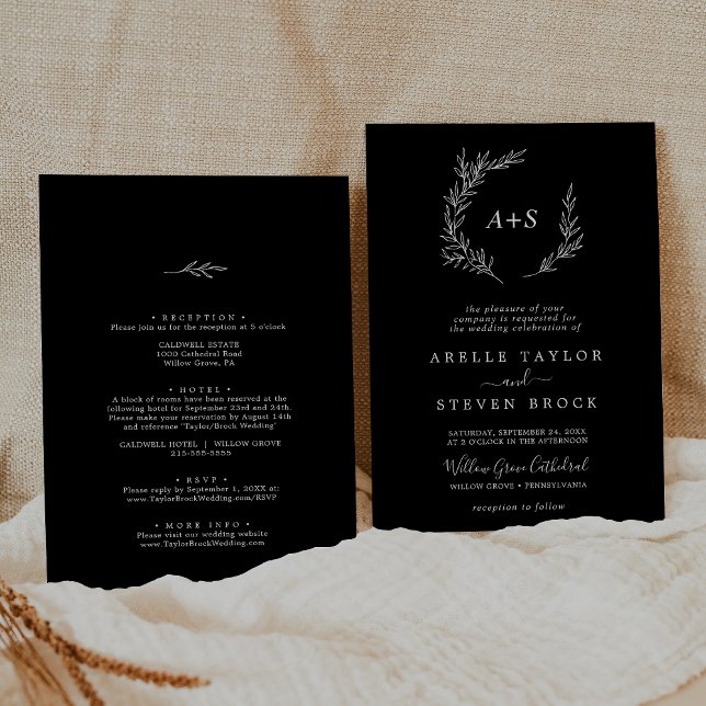 Invitación Hoja mínima | Negro oscuro en un Boda (Minimal Leaf | Dark Black All In One Wedding Invitation)