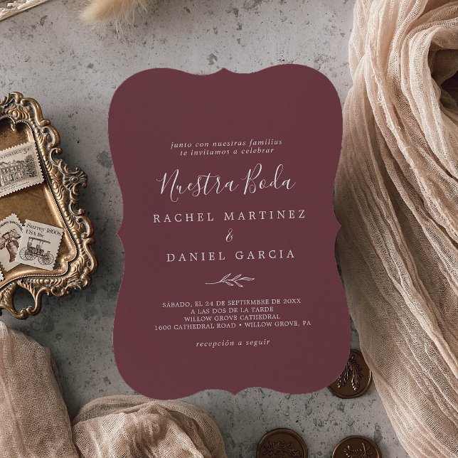 Invitación Hoja mínima | Nuestra Boda española de Borgoña (Subido por el creador)