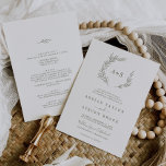 Invitación Hoja mínima | Olive Green All In One Boda<br><div class="desc">Este verde olivo de hoja mínimo, todo en una sola invitación a la boda, es perfecto para un boda boho. El diseño presenta una sencilla silueta de hojas de vegetación en verde oliva con un estilo bohemio minimalista de montaña. Personaliza con las primeras iniciales de la pareja. Guarde el papel...</div>