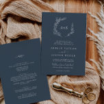 Invitación Hoja mínima | Pizarra Azul Todo En Un Boda<br><div class="desc">Esta mínima pizarra azul hoja en una sola invitación es perfecta para una elegante boda. El diseño presenta una sencilla silueta de vegetación, de un azul oscuro y un estilo minimalista clásico. Personaliza con las primeras iniciales de la pareja. Guarde el papel incluyendo los detalles en la parte posterior de...</div>