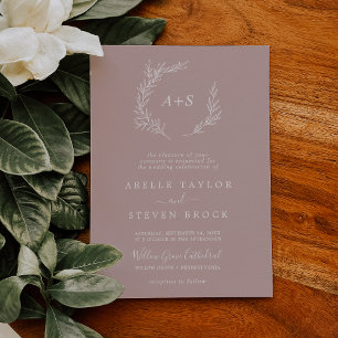 Invitación Hoja mínima   Rosa polvoriento Monograma formal Bo