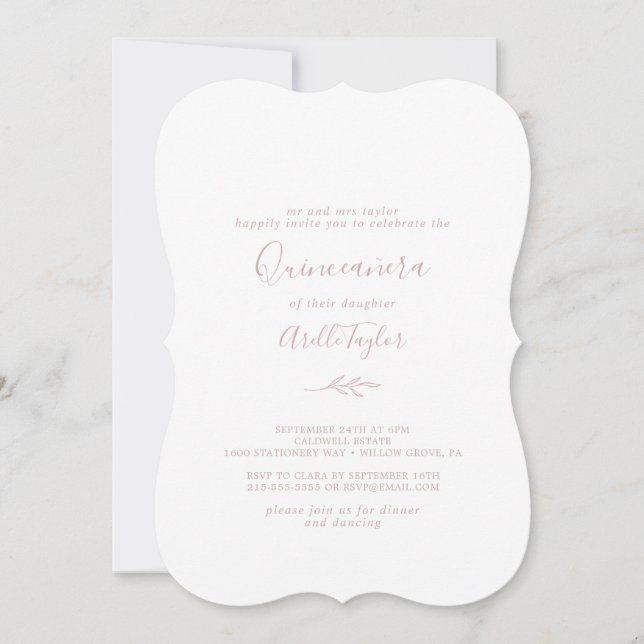 Invitación Hoja mínima | Rubor Pink Quinceañera (Anverso)