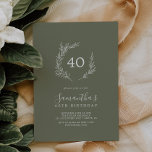 Invitación Hoja mínima | Verde oscuro 40 cumpleaños<br><div class="desc">Esta mínima invitación de 40 años de color verde oscuro es perfecta para una fiesta de cumpleaños boho. El diseño presenta una sencilla silueta de hojas de vegetación en verde oliva con un estilo bohemio minimalista de montaña.</div>