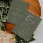 Invitación Hoja mínima | Verde Oscuro Todo En Un Boda<br><div class="desc">Esta mínima hoja verde oscuro en una sola invitación a la boda es perfecta para un boda boho. El diseño presenta una sencilla silueta de hojas de vegetación en verde oliva con un estilo bohemio minimalista de montaña. Personaliza con las primeras iniciales de la pareja. Guarde el papel incluyendo los...</div>