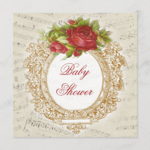 Invitación Hoja musical de cuadros rojos de Baby Shower de ép