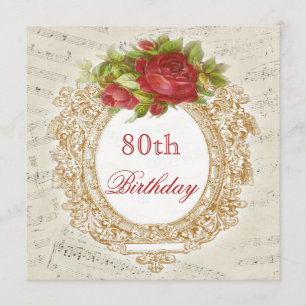 Invitación Hoja musical del marco rojo rosa de 80 años de ant