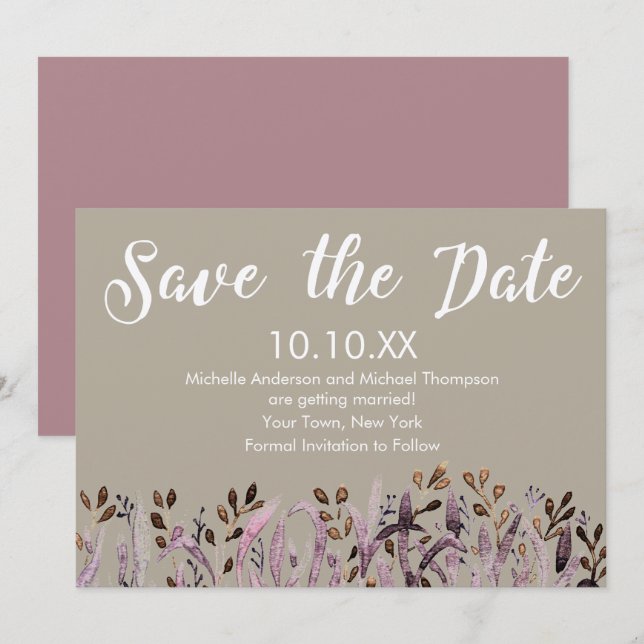 Invitación Hoja púrpura rusa salva la fecha (Anverso / Reverso)