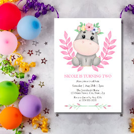Invitación Hoja Rosa Cute Hippopótamo Floral Segundo cumpleañ