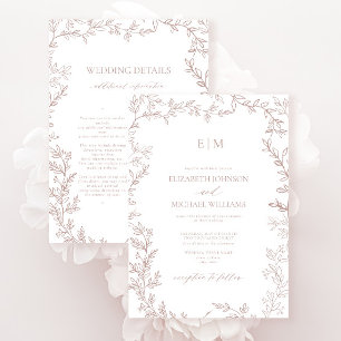 Invitación Hoja Rosa Polvorienta Elegantes Detalles de Monogr