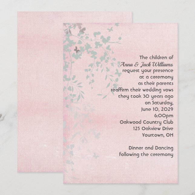 Invitación Hoja rosa y plateada  (Anverso / Reverso)