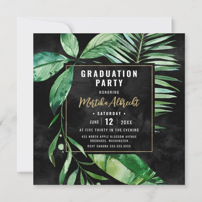 Invitación Hoja tópica | Verde y Negro | Graduación fotográfi (Reverso)