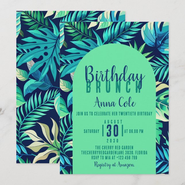 Invitación Hoja tropical de Monstera Pastel Verde y Azul (Anverso / Reverso)