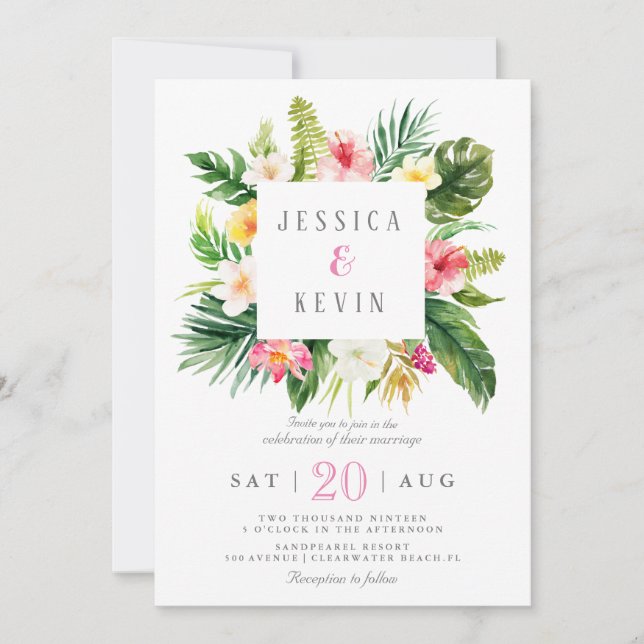 Invitación Hoja tropical de palmera y floral Personalizada (Anverso)