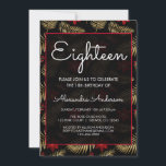 Invitación Hoja tropical roja y negra 18ª fiesta de cumpleaño<br><div class="desc">Patrón de hojas de Relieve metalizado dorado tropical rojo y negro 18º verano Invitación a la fiesta de cumpleaños para una fiesta de cumpleaños 18º. Esta invitación floral de hojas y flores tropicales rojas y negras de Hawái es perfecta para un Chica que cumple dieciocho años (18) de fiesta de...</div>
