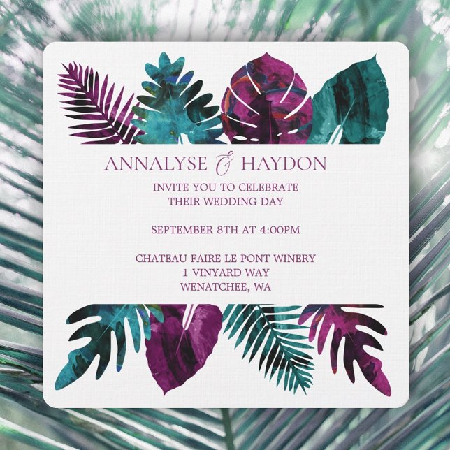 Invitación Hoja tropical, Verde azulada, Boda rosa de Berry s (tropical teal, wild berry pink island leaves wedding invitations, monstera, ferns, palm leaves)