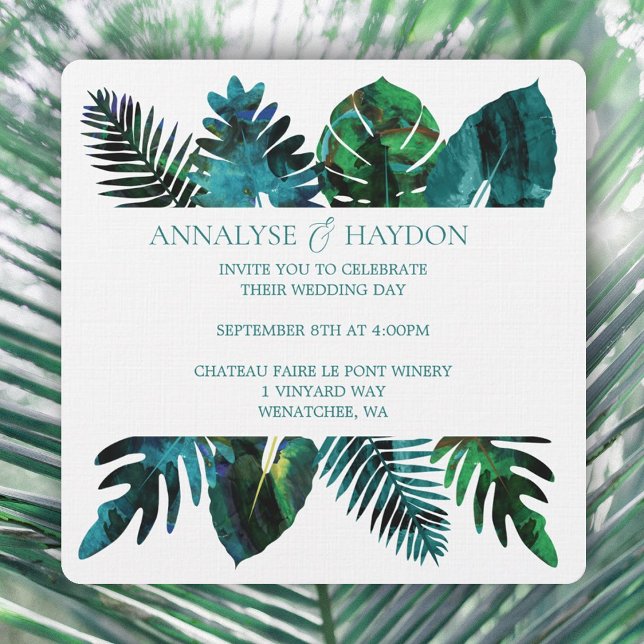 Invitación Hoja Tropical Verde azulada Verde Monstera deja Bo (tropical teal green island leaves wedding invitations, vibrant monstera leaves, ferns, & palm leaves)