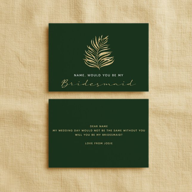 Invitación Hoja verde, serás mi dama de honor (Gold fern leaf, Green Will You Be My Bridesmaid Invitation)