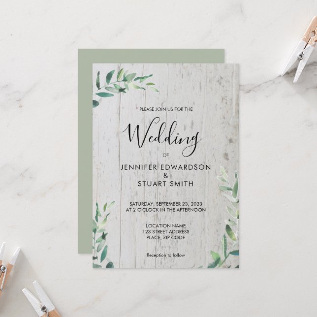 Invitación Hojas acuáticas botánicas de madera rústica boda (Anverso/Reverso In Situ)