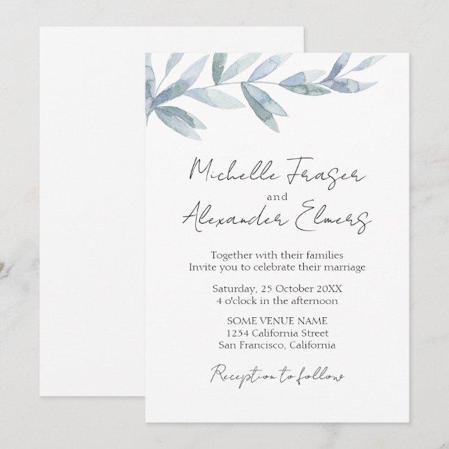 Invitación Hojas acuáticas simples boda clásico elegante (Anverso / Reverso)
