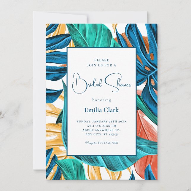 Invitación Hojas amarillas Azul Tropical  (Anverso)