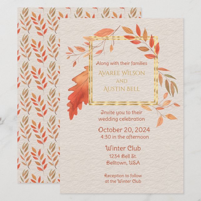 Invitación Hojas amarillas Naranjas de otoño (Anverso / Reverso)