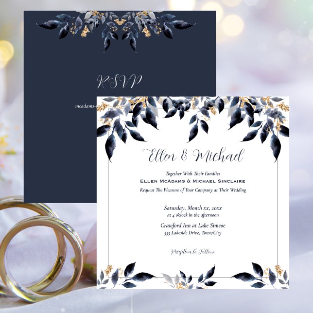 Invitación Hojas azules con Boda de oro (Blue Leaves with Gold Wedding Invitation)
