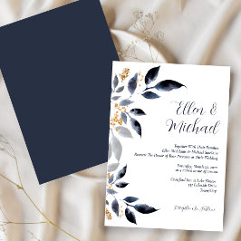 Invitación Hojas azules con Boda de oro