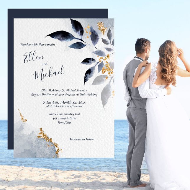 Invitación Hojas azules con Boda de oro (Blue Leaves with Gold Wedding Invitation)
