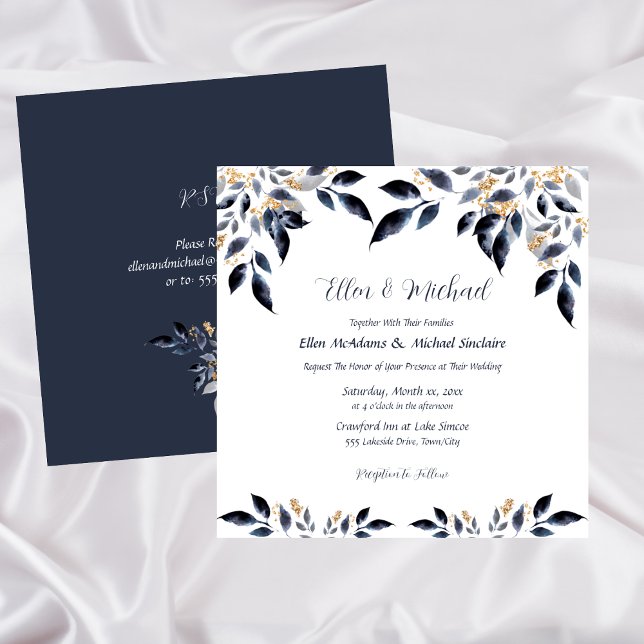Invitación Hojas azules con Boda de oro (Blue Leaves with Gold Wedding Invitation)