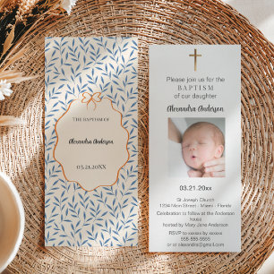 Invitación Hojas azules vintage Naranja Bautismo con foto flo