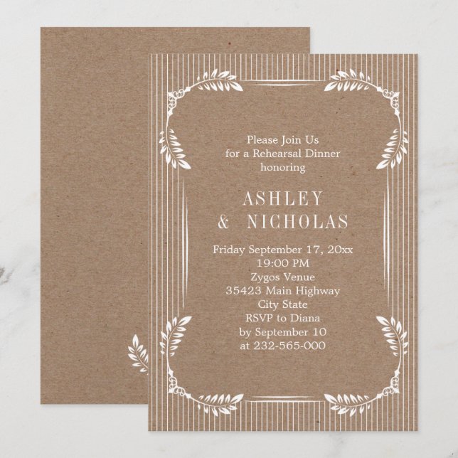 Invitación Hojas blancas kraft papel boda cena de ensayo (Anverso / Reverso)