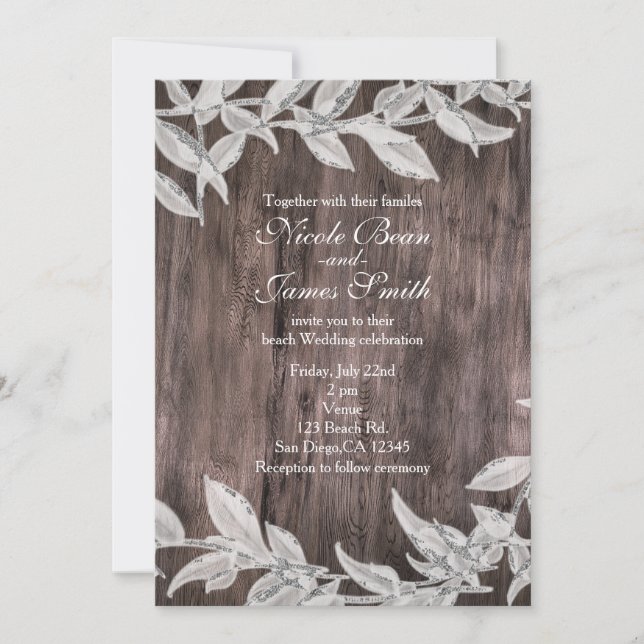 Invitación Hojas blancas y plateadas Boda de invierno Madera  (Anverso)