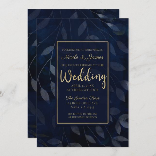 Invitación Hojas Botánicas Azul Oscuro Boda Moderna Chic (Anverso / Reverso)