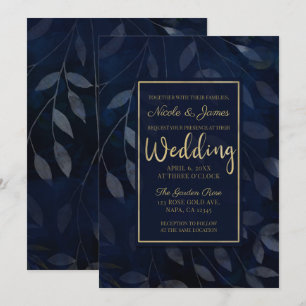 Invitación Hojas Botánicas Azul Oscuro Boda Moderna y Chic