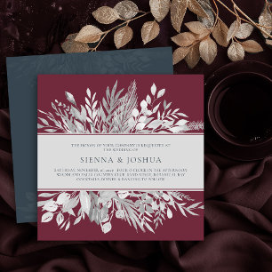 Invitación Hojas Botánicas Burgundy Gris Cuadrado Boda